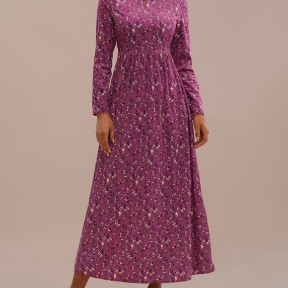 Pink And Purple Floral Long Sleeve, Round Neck Dress - Picture 3 of 6